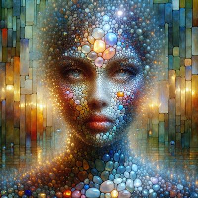 The primary subject of the image is a woman's face, which is the main focus of the image. The setting is a colorful and artistic environment, with a backdrop of a stained glass window. The visual style is a combination of digital art and illustration, creating a unique and vibrant appearance. The colors and mood of the image are lively and energetic, with a variety of colors and patterns that create a sense of movement and dynamism.